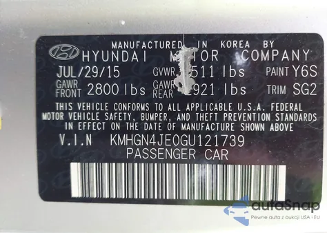 2016 Hyundai Genesis 3.8 from USA, damaged, VIN KMHGN4JE0GU121739